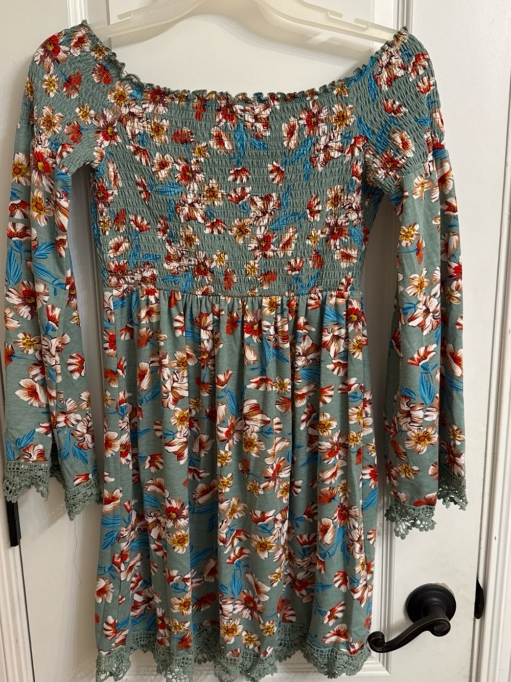 Xhilaration Sage Blue Floral Smocked Off-Shoulder Mini Dress